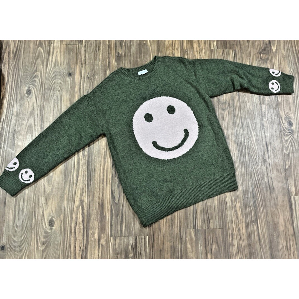 Stitch &‎ Pine Long Sleeve Sweater Olive Green And Pink Smiley Face Size S